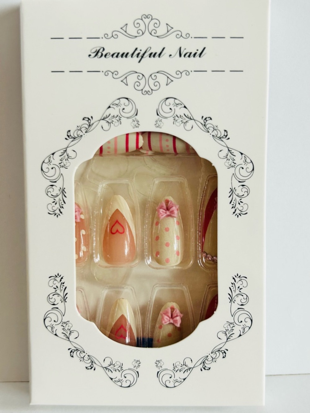 Beautiful Nail Pink & Cream Press-On Nails - Heart & Bow Design